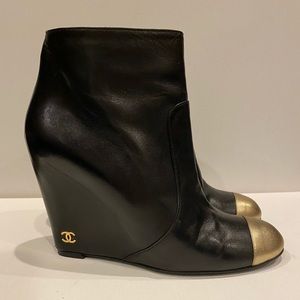 CHANEL Gold Toe Wedge Booties